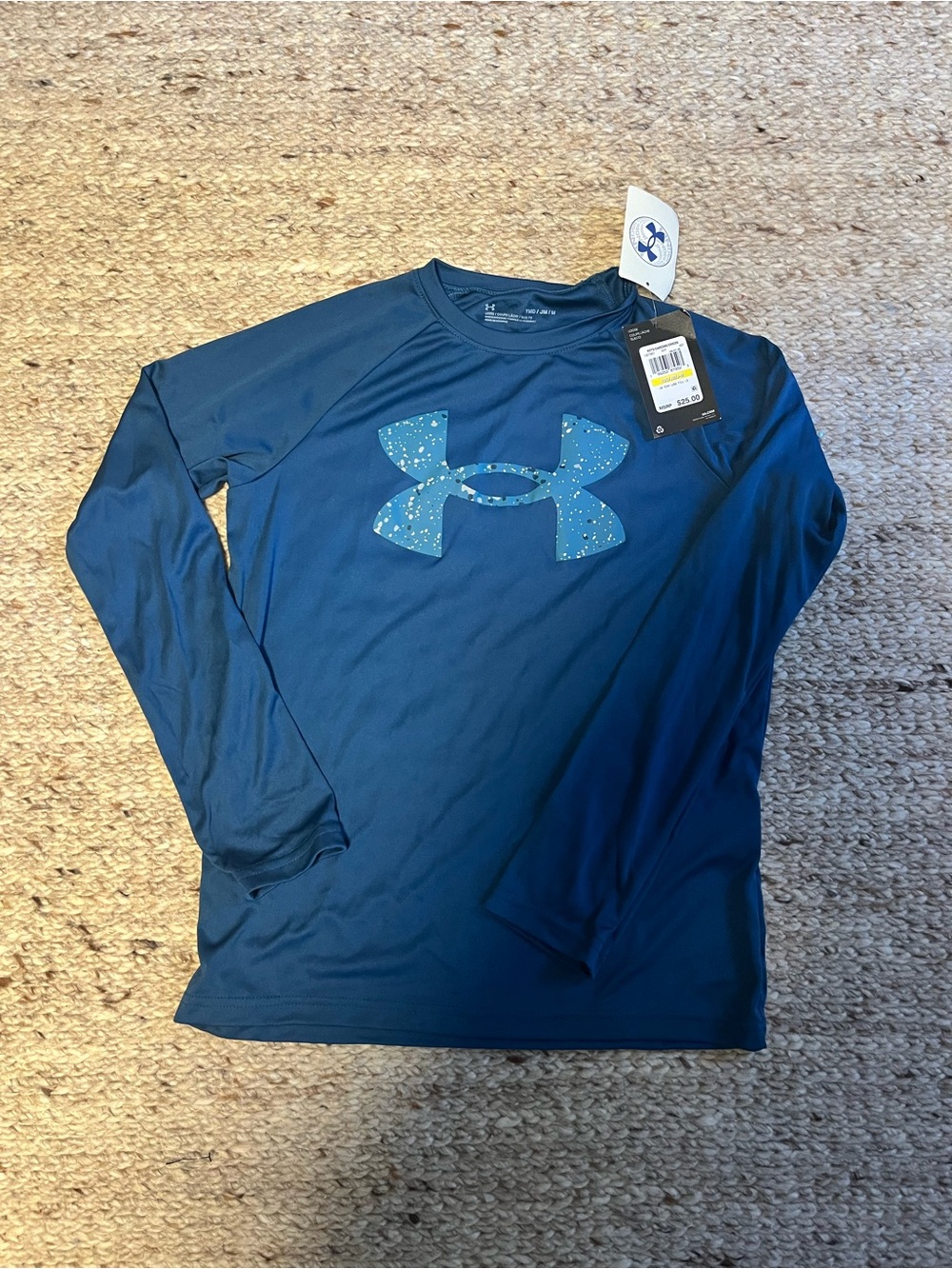 Under Armour Boys Long Sleeve Tech Tee in Navy with Light Blue Logo